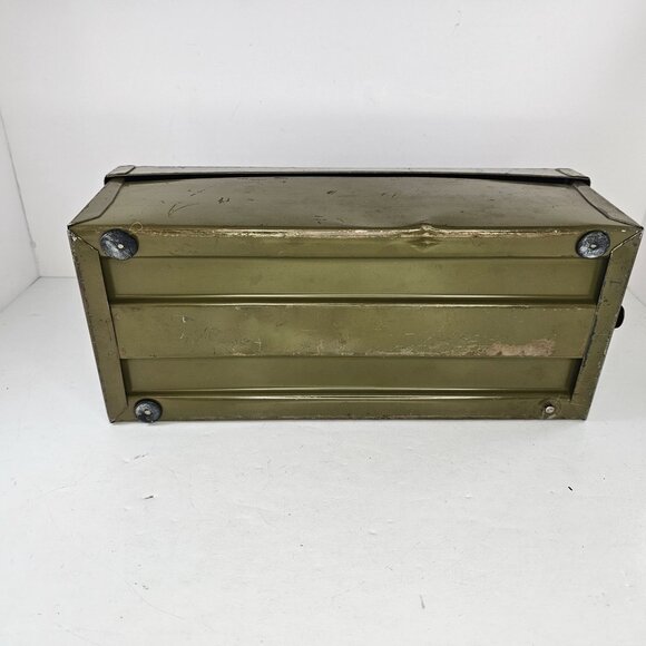 Vintage Metal File Storage Box Olive Green Distressed Finish With Lid Bankers - Picture 6 of 12